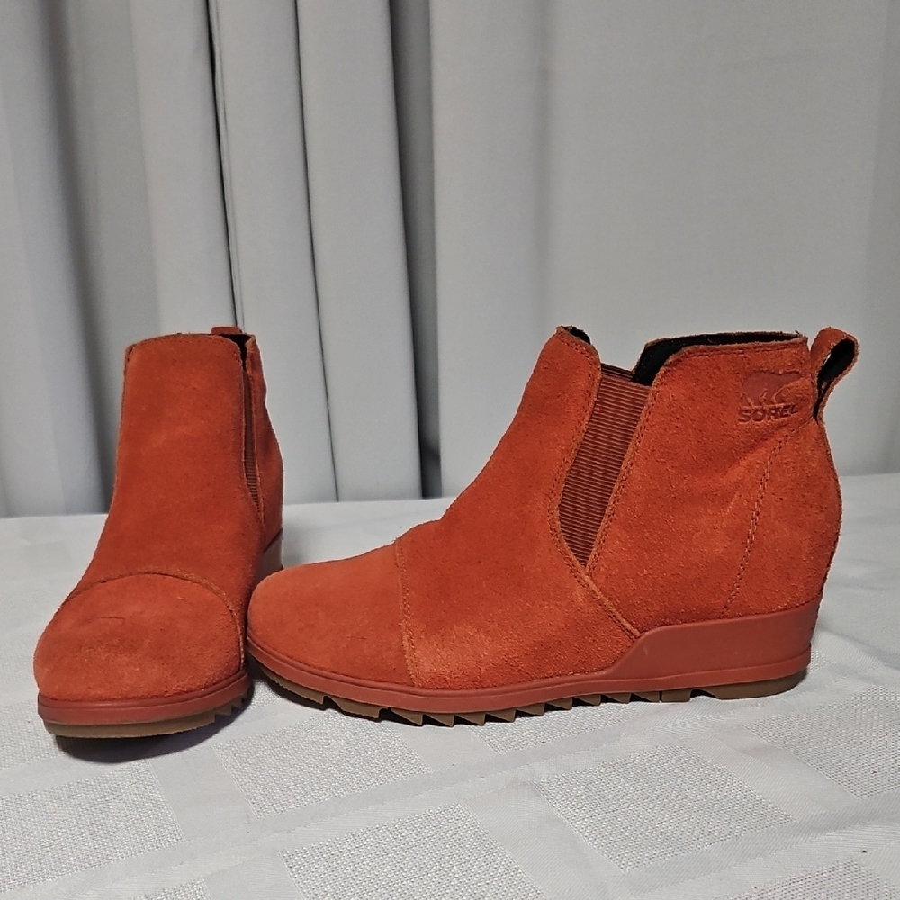 Sorel Evie Wedge Ankle Boots - Burnt Orange Suede Sz 8.5